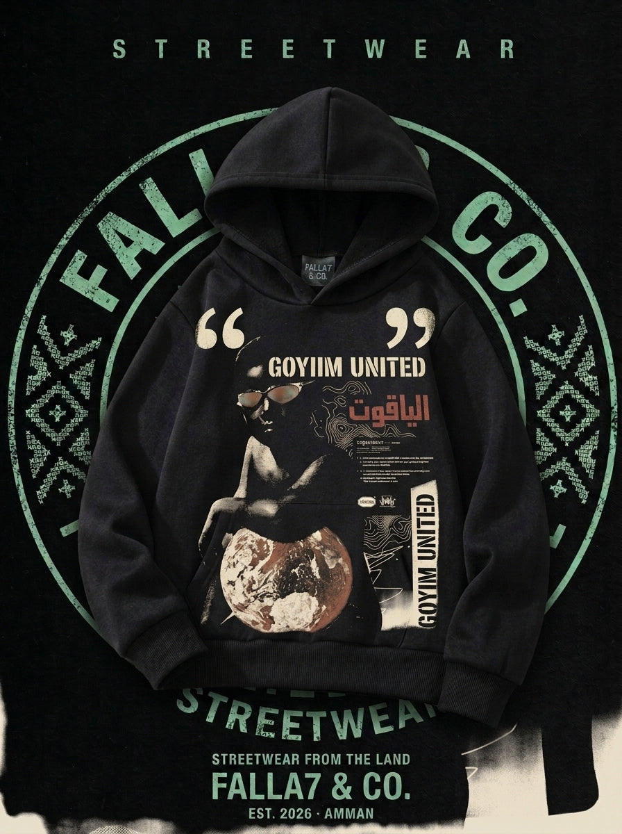 Ruby Globe Hoodie | Arabic Collage Graphic Hoodie | Falla7 & Co.