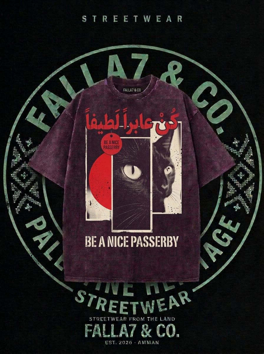 The Passerby Tee | Arabic Calligraphy Cat T-Shirt | Falla7 & Co.
